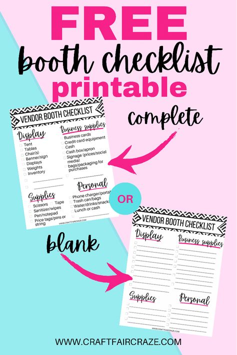 Free Craft Show Printables, Vendor Checklist, Business Organization Printables, Cute Clipboard, Blank Checklist, Vendor Fair, Businesses Ideas, Business Hacks, Free Printable Crafts