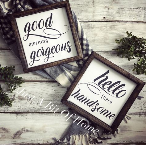 Hello There Handsome. Good morning Gorgeous. His and hers bathroom or bedroom signs Hello Handsome Good Morning Gorgeous Bathroom, Hello Gorgeous Sign, His And Hers Signs, His And Hers Bathroom Decor, Master Bath Vanity Lighting, Wedding Cricut, His And Hers Bathroom, Washroom Decor, Beautiful Bathroom Designs