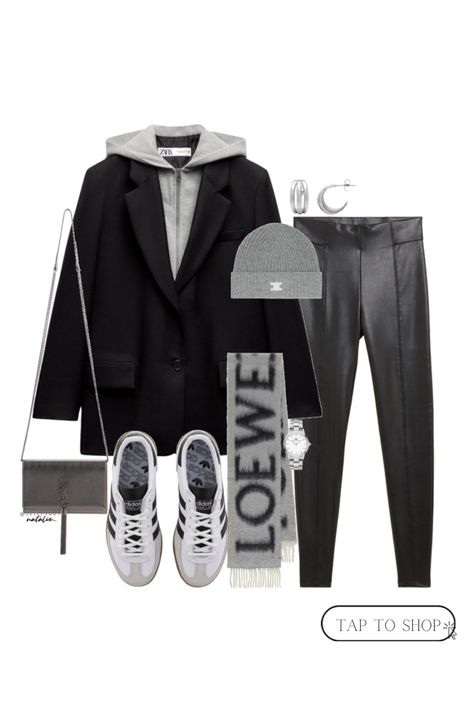 Zara style, hooded blazer, leather leggings, adidas Spezial trainers, celine beanie Celine Beanie, Adidas Spezial Outfit, Fashion 23, Hooded Blazer, Zara Style, Leggings Adidas, Outfit Blazer, Leather Legging, Adidas Spezial