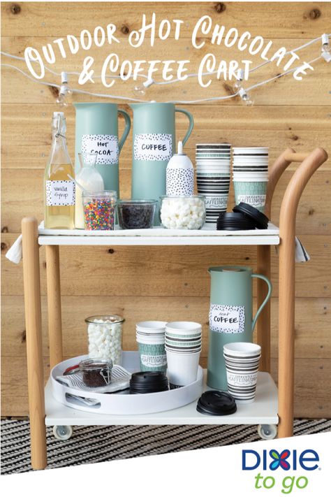 Stay warm during your outdoor holiday celebrations this year with Dixie® To Go cups and this simple outdoor hot chocolate & coffee cart. @aliceandlois Cocoa Station, Coffee Bar Cart, Make Drinks, Starbucks Birthday, Coin Café, Chocolate And Coffee, Magic Bean, Diy Wedding Video, Diy Coffee Bar