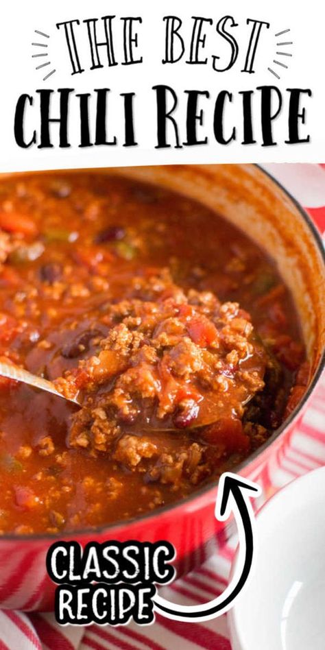 Southern Chili Recipe, Old Fashioned Chili, Old Fashioned Chili Recipe, The Best Chili Recipe, Chili Recipe Stovetop, Spicy Chili Recipe, Classic Chili Recipe, Homemade Chili Recipe, The Best Chili