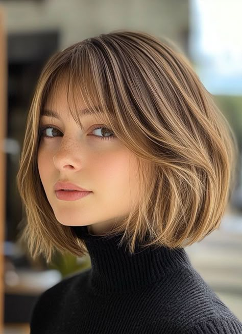 35 French Bob Haircuts : Edgy French Bob with Blunt Bangs Brunette French Bob, Straight Bob With Curtain Bangs, Soft Layers Short Hair, Paris Haircut, Textured Bob With Curtain Bangs, Layered French Bob, Haircut Ideas Brown Hair, Light Brown Bob, French Bob Haircut