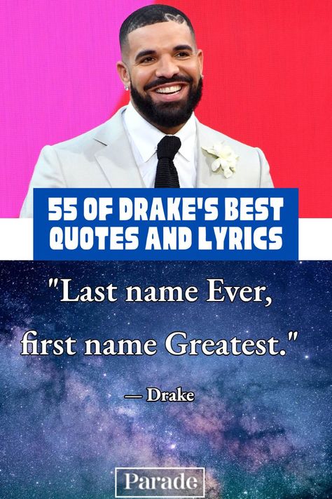 Started From the Bottom, Now He's Here! 55 of Drake's Best Quotes and Lyrics #drake #drakequotes #drakesongs #celebquotes #celebs #raplyrics https://parade.com/1213738/jessicasager/drake-quotes/ Famous Drake Lyrics, Drake Song Lyrics For Captions, Senior Quotes Lyrics Rap, Drake Graduation Quotes, Instagram Captions Drake Lyrics, Drake Senior Quotes, Drake Instagram Captions, Best Rap Lyrics, Best Drake Quotes