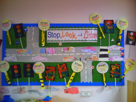 Stop, Look and Listen Road Safety classroom display photo - Photo gallery - SparkleBox Road Safety Kindergarten, Safety Crafts, Transportation Unit, Pedestrian Safety, Safety Week, People Who Help Us, Transportation Crafts, Transportation Preschool, All About Me Preschool