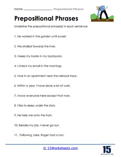 Preposition Worksheets, Sentence Construction, Holiday Science, Kindergarten Social Studies, Prepositional Phrases, Grammar Skills, Grammar Rules, Sentence Structure, Sleeping Under The Stars