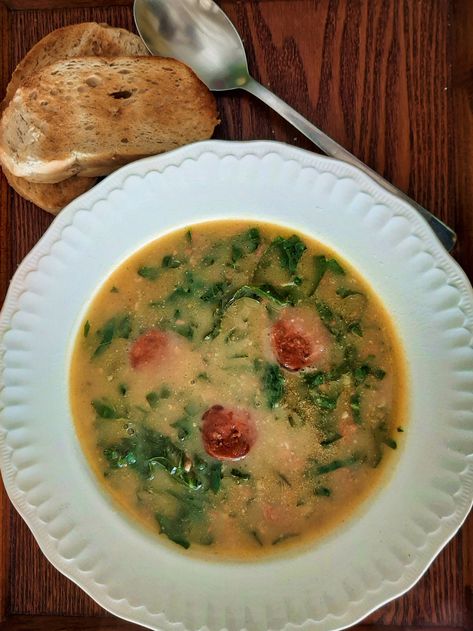 Caldo Verde (Portuguese Kale, Chorizo & Potato Soup) | the muddled pantry Kale And Potato Soup, Portuguese Kale Soup, Chorizo Potato, Chorizo And Potato, Green Soup, Kale Soup, Soup Season, Potato Soup, Satisfying Food