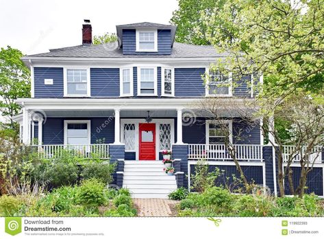 Navy Blue Houses, Dark Blue Houses, Best Front Door Colors, Victorian Front Doors, Blue Siding, Navy Houses, Best Front Doors, Blue Front Door, Red Front Door