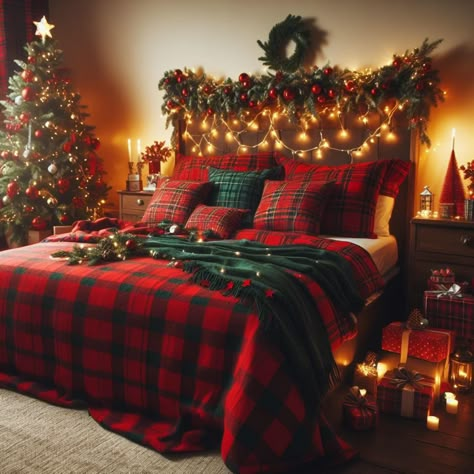 Plaid Christmas Bed, Small Bedroom Christmas Decor Ideas, Christmas Bedroom Inspo Cozy, Vintage Christmas Bedroom Decor, Bed Christmas Decor, Xmas Bedroom Decor, Christmas Themed Bedroom, Christmas Bedroom Decor Cozy, Christmas Room Inspiration