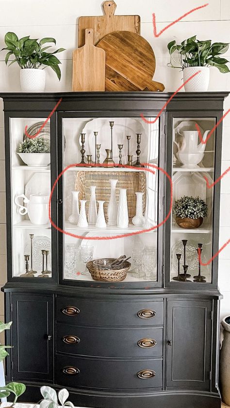 Dining Hutch Decor, Black China Cabinet, China Cabinet Decor, China Hutch Decor, Antique China Cabinets, Dining Hutch, Redo Cabinets, Black China, Bread Boards