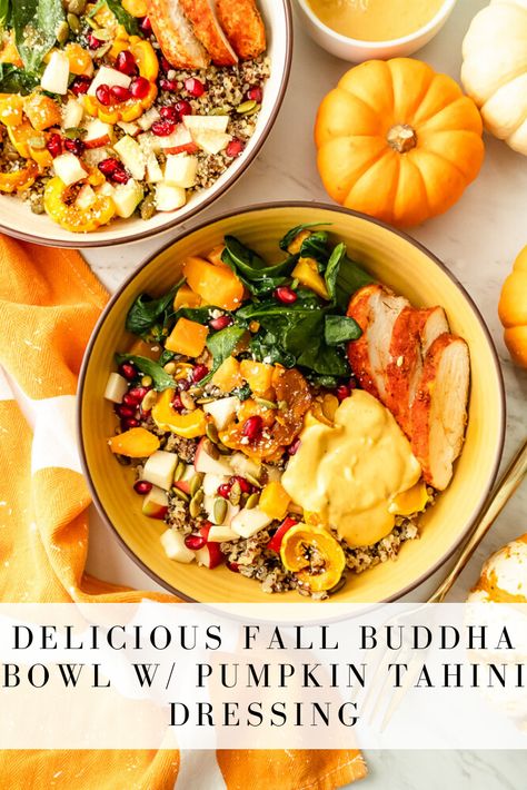 Fall Buddha Bowl with Pumpkin Tahini Dressing | Once Upon a Pumpkin Pumpkin Tahini, Buddha Bowl Sauce, Buddha Bowls Recipe, Pumpkin Hummus, Vegan Buddha Bowl, Pumpkin Bowls, Veggie Bowl, Tahini Dressing, Buddha Bowl