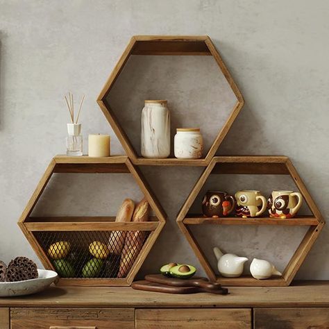 COZYMATIC.COM on Instagram: “Whether you're putting small succulents on display or creating a space to show off collections like some exquisite handcrafts, this handy…” Wood Wall Shelves, Hexagon Shelf, Frame Wall Collage, Hexagon Shelves, Wood Wall Shelf, Hexagon Design, Small Succulents, Dining Lighting, Wall Shelf