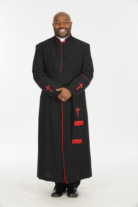 005. Men's Preacher Clergy Robe & Cincture Set in Black & Red - Divinity Clergy Wear Priestly Garments, Priest Outfit, Clergy Robes, Judas Iscariot, Nigerian Men Fashion, African Wear Styles For Men, Church Suits, Clothes Sewing Patterns, African Wear