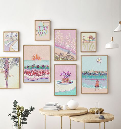 Pastel colours boho ocean prints, Printable gallery wall set of 8 naive art whimsical drawings, Pink turquoise floral seaside posters large Beachy Floral Bedroom, Teal And Pink Wall Art, Art Print Collage, Boho Gallery Wall Bedroom, Pastel Gallery Wall, Art Area In Bedroom, Flower Bedroom Aesthetic, Feminine Bedrooms, Whimsical Drawings