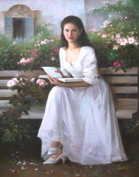 Beautiful Paintings by An He | Cuded العصور الوسطى, Romanov Sisters, Woman In White, Romantic Paintings, Lds Art, Human Touch, Painted Ladies, Reading Art, Woman Reading