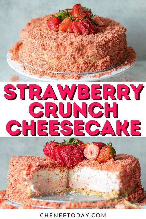 How to make an easy strawberry crunch cheesecake - no bake treat that can be made into lots of strawberry crunch cheesecake recipes: strawberry crunch cheesecake cones, jars, or cheesecake bites! Summer Cheesecake Recipes, Strawberry Crunch Cheesecake Cones, Strawberry Shortcake Cheesecake Recipe, Cheesecake Cones, Strawberry Crunch Cheesecake, Crunch Cheesecake, Crunch Topping, Strawberry Crunch Cake, Strawberry Shortcake Cheesecake