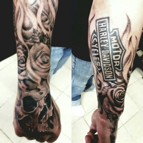 Skull on hand and roses tattoo Biker Sleeve Tattoo, Harley Davidson Sleeve Tattoos, Harley Davidson Tattoo Design, Skull On Hand, Harley Davidson Tattoos For Men, Harley Tattoos, Tattoo Roses, Harley Davidson Tattoos, Gem Tattoo