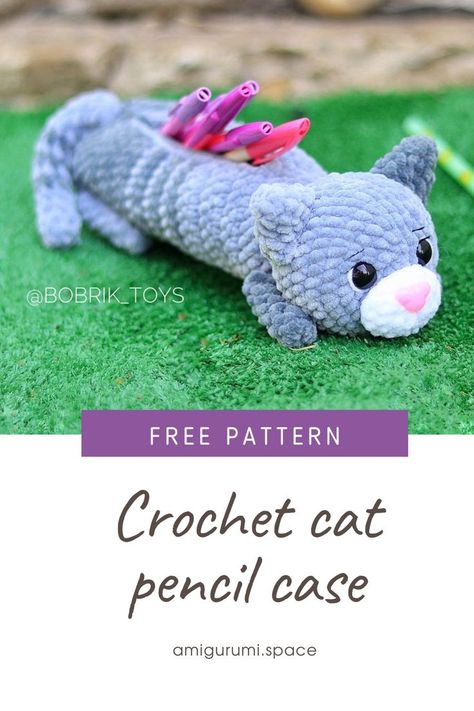 FREE crochet plush cat pencil case pattern #amigurumipattern #freeamigurumipattern #amigurumi #amigurumitoy #crochettoy #crochetpattern #crochetplushpattern #crochetpencilcase #crochetcat #amigurumicat Pencil Case Free Pattern, Pencil Pouch Pattern, Animal Pencil Case, Crochet Pencil Case, Pencil Case Pattern, Cat Pencil Case, Crochet Pencil, Crochet Case, Cute Pencil Case