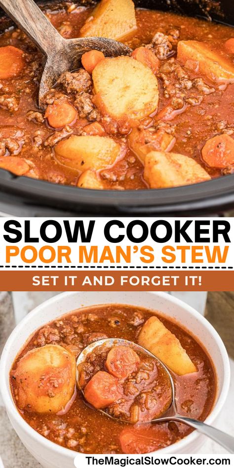 Slow Cooker Poor Man's Stew is made from scratch with ground beef to save money. A very hearty meal with very little effort or money. This budget friendly ground beef stew can't be beat. - The Magical Slow Cooker Poor Man's Stew Ground Beef, Poor Man's Stew, Ground Beef Stew, Poor Mans Stew, Stew Crockpot, Ground Beef Stews, Magical Slow Cooker, The Magical Slow Cooker, Beef Stew Crockpot