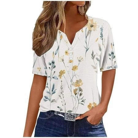 Erwazi Womens V Neck T Shirts Button Tops Graphic Tee Short Sleeve Floral Print Blouse Loose Fit Summer Casual Tunic Top, Women's, Size:Small, Floral Print 11 Beachy Summer Outfits, Flowy Shirts, Comfy Blouse, Tunic Tops Summer, Tops For Women Casual, V Neck T Shirts, Floral Print Tunic, Tunic Tops Casual, Tops Graphic