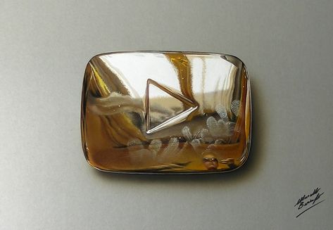 Play Button Aesthetic, Golden Play Button, Button Drawing, Button Aesthetic, Marcello Barenghi, Gold Play Button, Aloe Vera Face Wash, Hyperrealistic Drawing, Gold Drawing