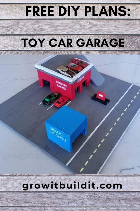 Post & video how-to w/ FREE detailed plans to make a toy car garage for MATCHBOX or HOT WHEELS cars. No power tools needed!  You'll enjoy the video following the process that our 4 year old was able to help build! Hot Wheels Garage Diy, Hot Wheels Diy, Toy Car Garage, Toy Road, Wooden Toy Trucks, Hot Wheels Cars Toys, Hot Wheels Garage, Toy Garage, Wooden Garage