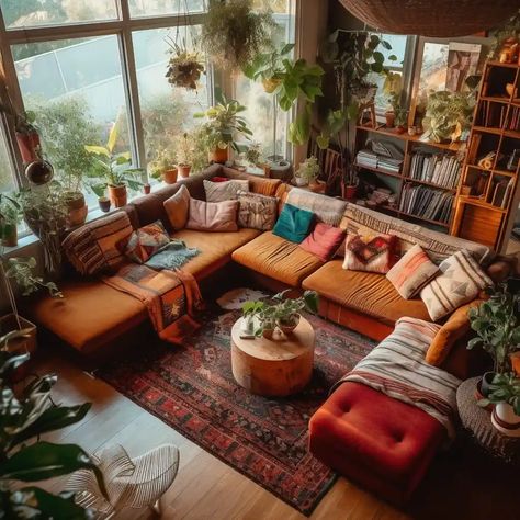 Appartement Design Studio, Earthy Living Room, Bohemian Living Room Decor, Green Oasis, Appartement Design, Boho Living Room Decor, Deco Retro, Bohemian Living Room, Farmhouse Decor Living Room