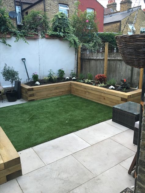 L Shape Garden Ideas, Small L Shape Garden Ideas, Sleeper Raised Beds With Seating, Decking And Artificial Grass Garden, Different Level Garden Sleeper Beds On Corners, New Build Garden Ideas, Small Back Gardens, Garden Ideas Uk, Garden Landscaping Diy