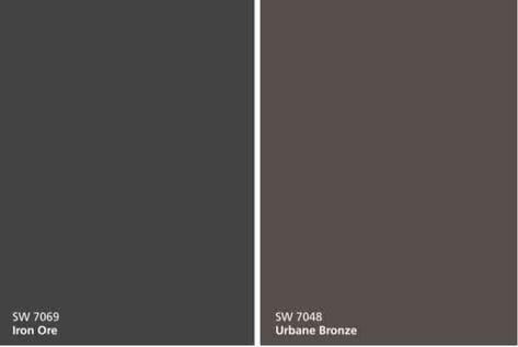 Sherwin Williams Urbane Bronze SW 7048 vs Iron Ore SW 7069 paint colors. #sherwinwilliams #paint #gray #popular #home #ideas Iron Ore Vs Urbane Bronze Sherwin Williams, Urban Bronze Wall Color, Gray Stained Wood Ceiling, Sherwin Williams Iron Ore Vs Urbane Bronze, Sw Urbane Bronze Front Door, Sherwin William Urban Bronze, Sherwin Williams Bronze Colors, Urbane Bronze Front Door Exterior, Urban Bronze Front Door Color