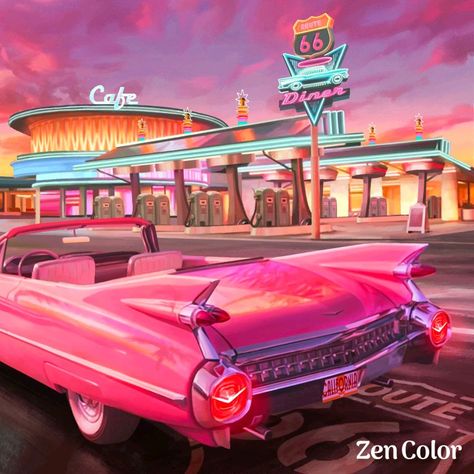 Alter Ego Photos, Retro Bob, Googie Architecture, Old American Cars, Vintage Diner, Retro Cafe, Pink Cadillac, New Retro Wave, American Diner