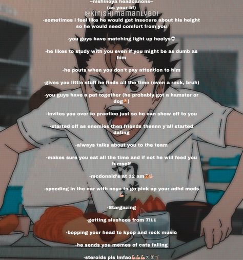 Nishinoya Yuu Headcanon, Haikyuu Boyfriend Headcanons, Nishinoya Headcanon, Haikyuu Scenarios, Harry Potter Personality Quiz, Head Cannons, Nishinoya Yuu, Volleyball Anime, Haikyuu Karasuno