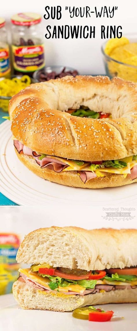 Spicy, mild, greek inspired how her you like your sandwich, this DIY Sub Sandwich Ring is perfect for game day or any other get together. Sandwich Presentation, Sandwich Ring, Sub Sandwich, Hashbrown Casserole, Dinner Side, Sub Sandwiches, Best Party Food, Meat Appetizers, Cookie Bar Recipes