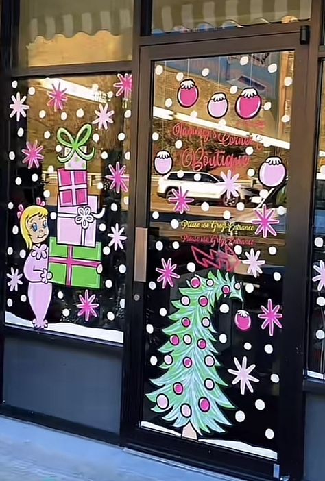 Whoville Window Painting, Window Christmas Painting Ideas, Valentines Window Art, Grinch Window Painting, Window Drawings, Xmas Display, Chalk Markers Art, Window Paintings, Window Paint