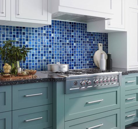 2023 Kitchen Trends To Know and Love White Glass Backsplash, Glass Tile Crafts, Square Mosaic Tile, Mosaic Tile Sheets, Accent Backsplash, Square Tiles, Tile Crafts, Mosaic Backsplash, Blue Tile