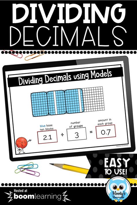 Help your students develop conceptual understanding of dividing decimals. For each of the 20 cards in this deck, students will need to type an equation that matches the model shown. Boom Cards are a great worksheet alternative that provide students with immediate feedback as they work. This activity is perfect for TEKS 5.3F. #decimals #division #5thgrademath #digitaltaskcards Dividing Decimals 5th Grade, Dividing Decimals Activities, Divide Decimals, Decimal Division, Teaching Decimals, Decimals Activity, 5th Grade Activities, Dividing Decimals, Division Games