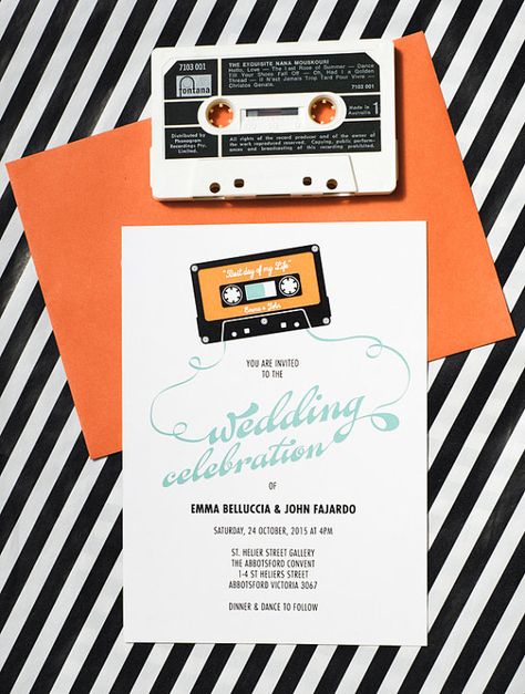 A fun music wedding invitation, perfect for the inner 80s child couple. When vinyl and cassette tapes was everything and making a mix tape for our Music Wedding Invitations, Wedding Invitations Printable, 80s Wedding, Music Wedding, Box Wedding Invitations, Music Themed Wedding, Candle Wedding Centerpieces, Spring Wedding Invitations, Fun Music