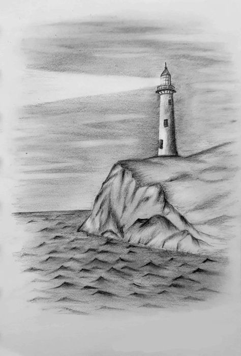 Monochromatic Drawing Easy, Lighthouse Sketches, Nature Sketches Pencil, Easy Horse Drawing, Beach Sketches, Lighthouse Drawing, Tree Drawings, Pencil Tree, Landscape Pencil Drawings