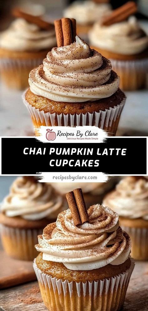 These Chai Pumpkin Latte Cupcakes are the ultimate fall treat, combining the flavors of spiced chai, pumpkin, and creamy cinnamon frosting for a cozy and delicious dessert. Ingredients: 1 ½ cups all-purpose flour ¼ cup brewed chai tea ½ tsp ground cloves 2 cups powdered sugar A delightful way to bring the flavors of chai and pumpkin to your autumn dessert table! Vanilla Chai Pumpkin Latte Cupcakes, Chai Cupcake Recipe, Pumpkin Latte Cupcakes, Chai Latte Cupcakes, Fall Ingredients, Pumpkin Chai Tea, Pumpkin Spice Latte Cupcakes, Spice Frosting, Pumpkin Spice Tea