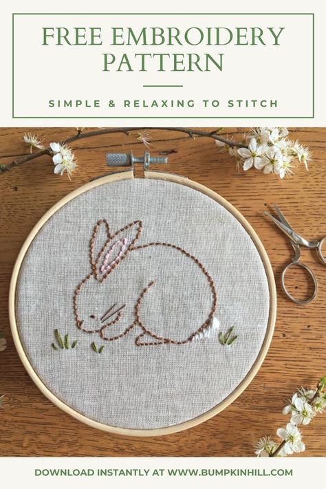 Download this free Embroidery Pattern. Simple & fun to stitch. Sweet Embroidery Pattern for kids too. Designed by Bumpkin Hill. Rabbit Embroidery Pattern, Hand Embroidery Patterns Free Printable, Rabbit Embroidery, Broderie Simple, Hand Embroidery Patterns Free, Bunny Embroidery, Hand Embroidery Kits, Easter Embroidery, Embroidery Template