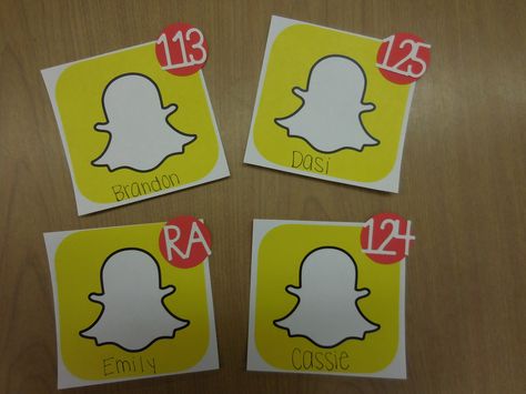 Snapchat Door Decs!                                                                                                                                                     More College Dorm Door Decorations Name Tags, Door Decks Ra Ideas, Door Decorations Ra, Dorm Name Tags, Resident Assistant Door Decs, Res Life Door Decs, Ra Door Tags, Door Decorations College, Dorm Door Decorations