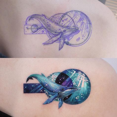 Octopus Tattoos Fine Line, Whale Tattoo Color, Charmander Tattoo, Best Cover Up Tattoos, Organic Tattoo, Whale Tattoos, Galaxy Tattoo, Modern Tattoos, Back Tattoo Women