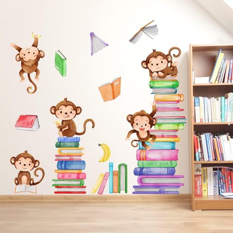 PRICES MAY VARY. 【Package Contents】: You will receive two watercolor monkey wall stickers in bright colors to meet your decorating needs and add color and vibrancy to your room. 【Premium Material】: These cute monkey stickers are made of premium vinyl material, odorless, non-toxic, safe, reliable, durable and easy to peel off the vinyl backing from the wall stickers and stick them anywhere you like, such as windows, doors, painted walls or any smooth, flat, dry and dust-free surface. 【Peel and St Monkey Reading, Animals Monkey, Monkey Nursery, Books Wall, Monkey Stickers, Monkey Wall, Monkey And Banana, Classroom Wall Decor, Decor Stickers