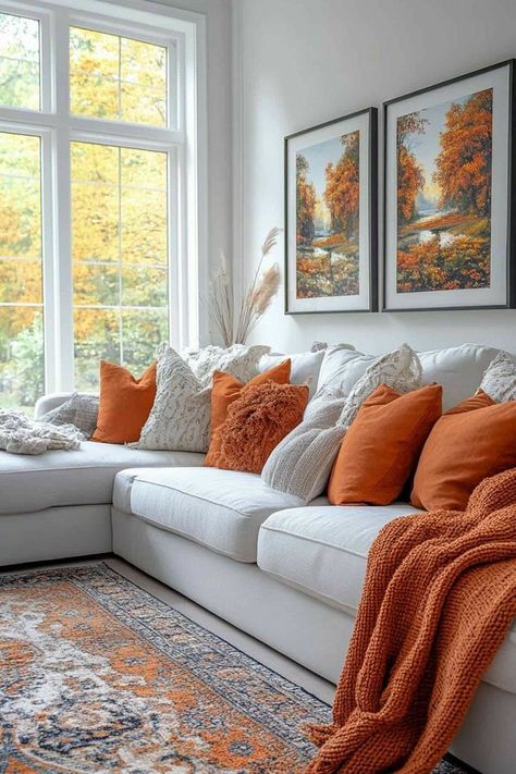 Fall Living Room Ideas, Inviting Living Room, Fall Living Room Decor, Sala Grande, Grey Couch, Fall Living Room, Diy Fall Decor, Living Room Orange, Fall Decor Inspiration