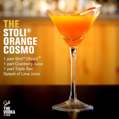 Stoli Orange Cosmo - No link needed, recipe is right here. Stoli Orange Vodka Cocktails, Orange Vodka Recipes, Orange Vodka Cocktails, Recipe With Orange Juice, Stoli Vodka, Cosmo Recipe, Orange Vodka, Vodka Recipes, Vodka Cocktails