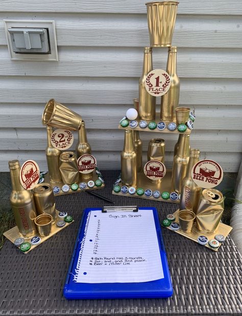 His And Her Party Ideas, Beer Pong Party Ideas, Beer Pong Tournament Ideas, Drinking Yard Games, Beer Pong Trophy Diy, Beer Olympic Trophies, Drink Olympics Games, Beer Olympics Trophy Diy, Beer Olympics Prizes