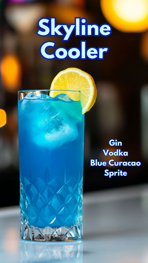 Skyline Cooler Blue Curacao Drinks Easy, Drinks With Blue Curacao, Sprite Cocktails, Cocktails With Blue Curacao, Drinks With Sprite, Blue Curacao Drinks, Vodka Sprite, Cocktail Cards, Vodka Cocktails Easy