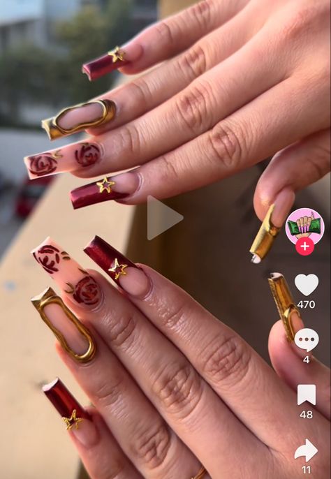 Gold and red chrome nails Red And Gold Chrome Nails, Red And Chrome Nails, Red Chrome Nails, Gold Chrome Nails, Red Chrome, Red Nail Art, Subtle Nails, Gold And Red, Gold Chrome