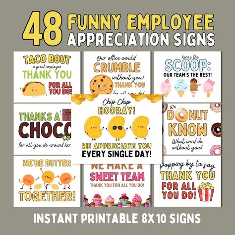 Introducing Snack and Candy Employee Appreciation Signs - a bundle of 48 8x10 Printable Posters designed to add a dash of humor and a sprinkle of sweetness to your workplace and sure to bring smiles to the faces of your hardworking staff, dedicated teachers, and valued team members. Employee Appreciation Puns, Snack Tags Free Printables, Snack Humor, Employee Appreciation, Staff Appreciation, Break Room, Candy Gifts, Room Signs, Funny Signs