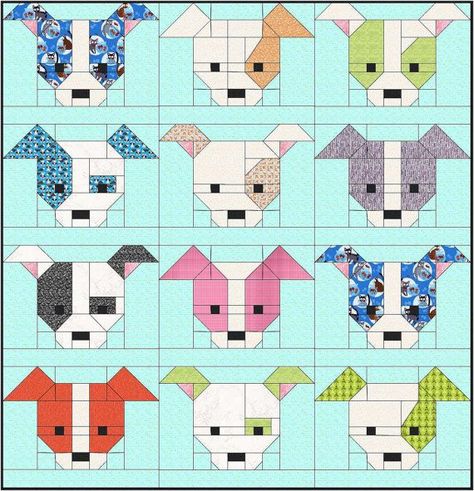 This pattern provides instructions for making the Dog Gone Cute quilt in both Baby or Large size.  Baby size uses 12 Small Blocks and finishes at Baby Patchwork Quilt, Quilt Modernen, Dog Quilts, Childrens Quilts, Cute Quilts, Animal Quilts, Cat Quilt, Quilt Baby, Paper Piecing Quilts