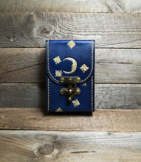 "Inner dimensions are 2.8\" x 4.9\" x 1.4\" ( 70mm x 125mm x 37mm) Tarot-box is sold without cards! Tarot leather deck box. Gold Moon Deep Royal Blue Tarot bag Universal size for The Original Rider Waite. Before buying, check the size of your deck of cards! I ask for your attention! All products are made only by me, only by my hands! I do not use sewing machines! Therefore ... Products may differ slightly from those shown in the photos. But in general, they will correspond to the prototype shown Tarot Card Holder, Tarot Card Pouch, Rider Waite Tarot, Handmade Backpacks, Vegetable Leather, Tarot Bags, Deep Royal Blue, Rider Waite, Tarot Card Decks