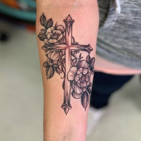 Cross With Peonies Tattoo, Cross Memorial Tattoos, Cross With Flowers Tattoo For Women, Big Cross Tattoos, Cross Cover Up Tattoo Ideas, Pretty Cross Tattoos For Women, Tattoo Cross For Women, Cross Tattoos For Women On Arm, Cross And Flower Tattoo For Women